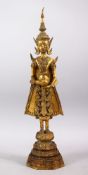 A GOOD 18TH CENTURY GILT BRONZE FIGURE OF BUDDHA / DEITY, in a standing position holding a bowl,