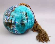 A FINE RARE 18TH CENTURY TURKISH OTTOMAN POTTERY TURQUOISE GLAZED GRADUATING SPHERE HANGING, with
