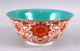 A GOOD CHINESE IRON RED DECORATED LOTUS PORCELAIN BOWL, the interior and base with turquoise