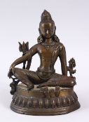 A GOOD 19TH CENTURY OR EARLIER INDIAN BRONZE FIGURE OF A DEITY / BUDDHA, in a seated position upon
