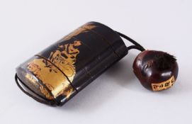 A GOOD JAPANESE MEIJI PERIOD LACQUER FOUR CASE INRO WITH CHESTNUT, decorated with two immortal