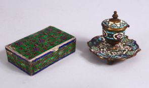 TWO ISLAMIC / PERSIAN WHITE METAL AND BRONZE ENAMEL ITEMS, a green enamel decorated white metal