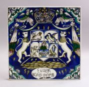 A GOOD PERSIAN QAJAR CERAMIC TILE, depicting figures and animals upon blue ground with script, 28cm