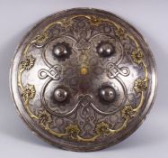 A FINE 19TH CENTURY INLAID GOLD AND SILVER STEEL SHIELD, with raised bosses and gold and silver