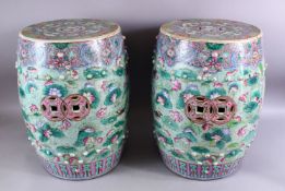 A GOOD PAIR OF CHINESE FAMILLE ROSE PORCELAIN GARDEN BARREL SEATS, each decorated with a celadon