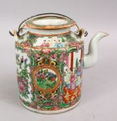 A 19TH CENTURY CHINESE CANTON FAMILLE ROSE PORCELAIN TEA POT, with panel decoration of figures,