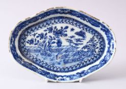 A GOOD 18TH CENTURY CHINESE BLUE & WHITE PORCELAIN MOULDED DISH, decorated with views of a