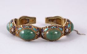 A GOOD CHINESE 19TH CENTURY GILT SILVER FILIGREE, ENAMEL & GREEN JADE BRACELET, 19cm open.