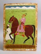 AN 18TH / 19TH CENTURY INDIAN MUGHAL MINIATURE PAINTING OF A NOBLEMAN UPON HORSEBACK, 36cm x 25cm