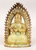 A LOVELY CHINESE CARVED JADE AND INLAID TURQUOISE & STONE BUDDHA / DEITY, in a seated position in