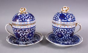 TWO RUSSIAN BLUE & WHITE PORCELAIN CUP, COVER AND SAUCER - FOR ISLAMIC MARKET, decorated with floral