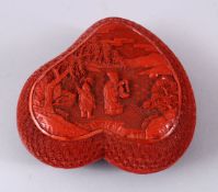 A GOOD FINELY CARVED CHINESE PEACH SHAPED CINNABAR LACQUER BOX, carved with floral honeycombed