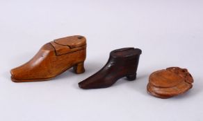 TWO CARVED CHINESE WOODEN SNUFF BOXES & ONE BAMBOO FLASK SNUFF, 10cm, 8cm & 5.5cm