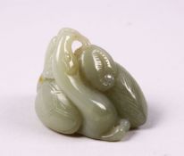 A GOOD CHINESE CARVED CELADON JADE GOOSE & TURTLE CARVING, 5.5cm