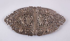 A GOOD INDIAN SILVER BUCKLE, with figures and foliage, 15cm