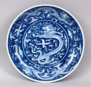 A GOOD CHINESE BLUE & WHITE PORCELAIN MULTI DRAGON PLATE, decorated with an array of dragons amongst