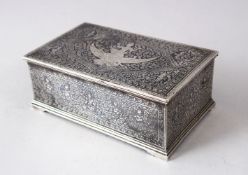 A 19TH CENTURY THAI NIELLO SILVER INLAID BOX, with figure and scroll decoration and a wooden