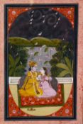 A FINE 19TH CENTURY INDIAN PAHARI KANGRA PUNJAB HILLS PAINTING OF KRISHNA AND RADHA, framed and