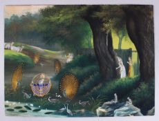 A FINE 19TH / 20TH CENTURY INDIAN PAINTING OF KRISHNA DANCING WITH PEACOCKS AND FIGURES, with gilded