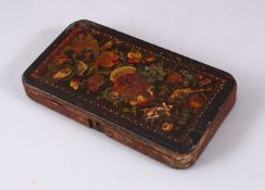 A 19TH CENTURY INDIAN MUGHAL PAPER-MACHE LACQUER BOX, decorated with scenes of birds and flora, 18cm