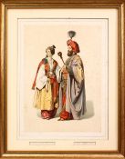 A 19TH CENTURY TURKISH FRAMED PRINT OF TWO FIGURES, 41cm x 32cm.