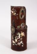 A GOOD 19TH CENTURY CHINESE INLAID MOTHER OF PEARL CARVED WOODEN WATER PIPE, inlaid to depict