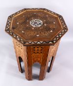 A 19TH CENTURY MOORISH EXOTIC WOOD INLAID AND MOTHER OF PEARL OCTAGONAL TABLE, inlaid with mother of