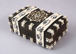 A GOOD 19TH CENTURY ANGLO INDIAN HORN AND IVORY LIDDED CASKET, with a wooden lined fitted