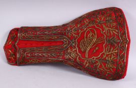 A GOOD TURKISH OTTOMAN GILT EMBROIDERED GUN POUCH / CASE, with calligraphic symbols and flora, 39cm