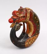 AN 18TH / 19TH CENTURY INDIAN ZOOMORPHIC LACQUER WOOD POWDER FLASK, with polychrome decoration,