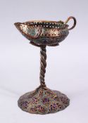 A GOOD INDO PERSIAN ENAMEL AND BRASS LAMP / CANDLESTICK, 20CM