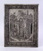 A PERSIAN TINNED COPPER RECTANGULAR TRAY, engraved with rebellious figures, signed, 25cm x 20cm.