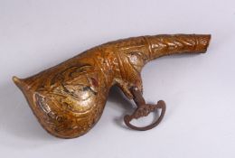 A 19TH / 20TH CENTURY PERSIAN / ISLAMIC LEATHER OR SKIN CALLIGRAPHIC PAINTED GILDED POWDER FLASK,