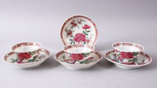 A MIXED LOT OF 19TH / 20TH CENTURY CHINESE FAMILLE ROSE TEA BOWLS & SAUCERS, 7cm x 10cm.