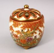 A GOOD JAPANESE MEIJI PERIOD SATSUMA CERAMIC KORO, the koro decorated with typical orange and gilt