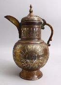 AN ISLAMIC CAIROWARE SILVER INLAID BRASS EWER WITH CALLIGRAPHY DECORATION, 36cm.
