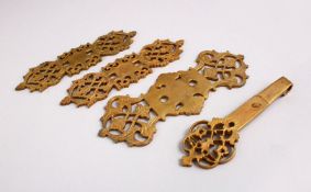 FOUR TURKISH OTTOMAN GILT BRONZE PALACE DOOR HINGES, 17cm.