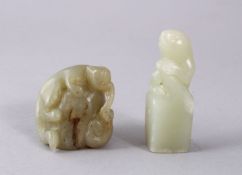 TWO 19TH CENTURY CHINESE CARVED JADE FIGURE & SEAL, the figure carved depicting a leopard upon a