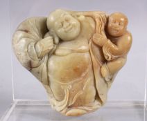 A GOOD 19TH / 20TH CENTURY CHINESE CARVED SOAPSTONE FIGURE OF BUDDHA AND CHILD, both resting upon