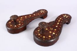 A GOOD PAIR OF TURKISH INLAID HARDWOOD BATH SHOES, 25cm x 10cm
