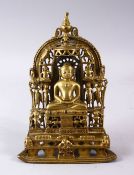 A GOOD SAMVAT 16TH CENTURY WEST INDIAN RAJASTHAN BRONZE AND SILVER INLAID JAIN SHRINE, in a seated