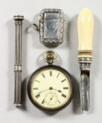 A MIXED LOT OF ITEMS, to include a pocketwatch, vesta, apple corer, propelling pencil. (4)
