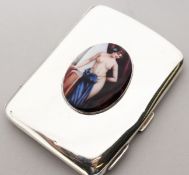 A SILVER CIGARETTE CASE WITH LATER ENAMEL OF A FEMALE NUDE.