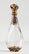 A SUPERB 19TH CENTURY FRENCH CRYSTAL, GOLD, BLUE ENAMEL AND PEARL SET SCENT BOTTLE with hinged