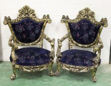 A PAIR OF FRENCH STYLE DECORATIVE THRONE STYLE ARMCHAIRS. 3ft 10ins high x 2ft 10ins wide.