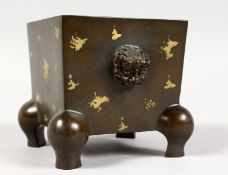A CHINESE GOLD SPLASH SQUARE BRONZE CENSER. 3.5ins high.