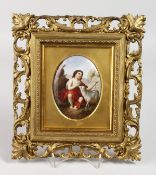 A GOOD DRESDEN OVAL PLAQUE, Shepherd Boy. 4.5ins x 3.5ins, in a gilt frame.