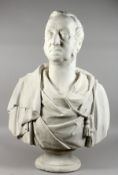 A LARGE 19TH CENTURY PLASTER LIBRARY BUST OF A MAN. 32ins high.