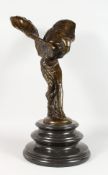 A LARGE BRONZE MODEL OF THE SPIRIT OF ECSTASY, on a circular marble base. 2ft 0ins high.