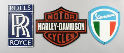 HARLEY DAVIDSON, VESPA, ROLLS ROYCE - THREE NOVELTY CAST IRON SIGNS. Various Sizes.